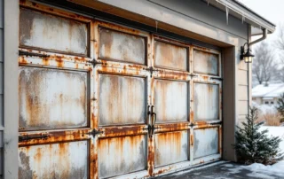 Steel garage door in Madras showing winter frost patterns, rust stains, and spring corrosion from freeze-thaw cycles