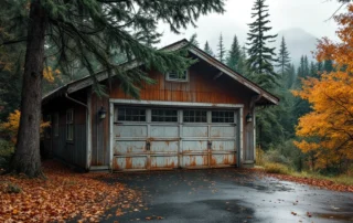 Weathered garage door on craftsman home in windswept Columbia Gorge forest setting with bent trees