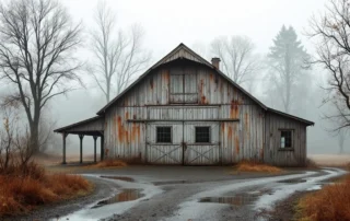 Weathered agricultural garage on rural Cornelius property showing moisture damage from Tualatin Valley fog exposure