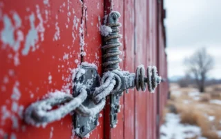 Frost-covered garage door spring mechanism showing wear from central Oregon freeze-thaw cycles