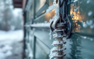 Frost-covered garage door springs showing ice buildup from Tualatin Valley winter conditions