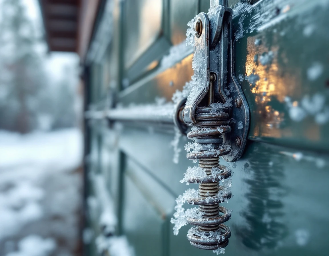 Frost-covered garage door springs showing ice buildup from Tualatin Valley winter conditions