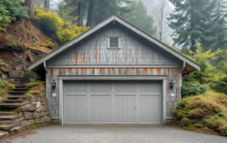 Hillside garage with stepped foundation and drainage channels on steep Oregon slope with weathered wood siding