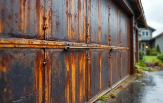 Corroded garage door tracks and hardware showing rust damage from Castle Rock's persistent rainfall and humidity