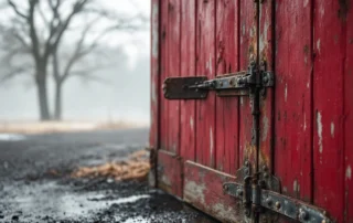 Weathered barn door hardware showing moisture damage and rust from Tualatin Valley winter fog exposure