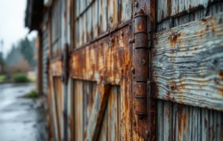Historic Long-Bell garage showing rust staining and corrosion from decades of Pacific Northwest rainfall