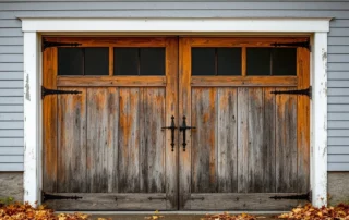 Weathered wooden garage door showing moisture damage on Lafayette farmhouse in Oregon wine country