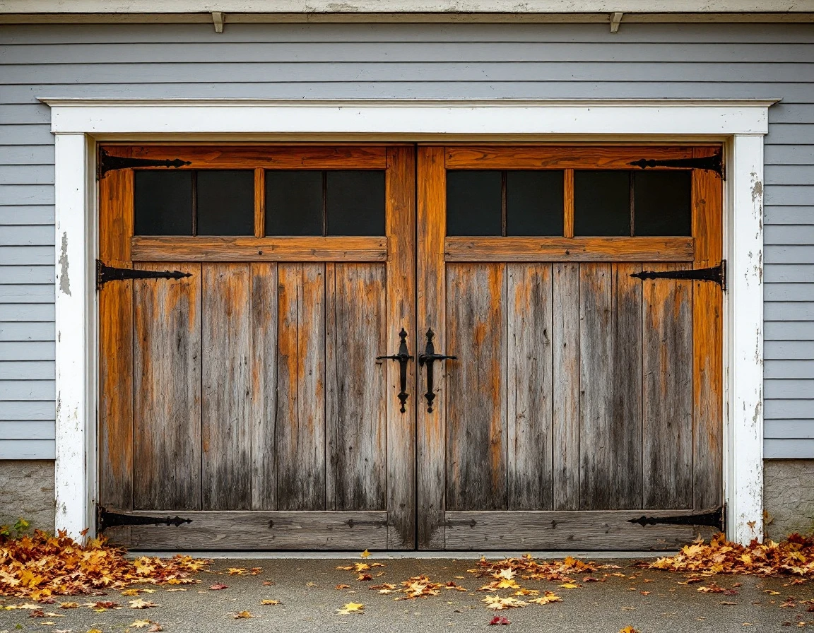 Weathered wooden garage door showing moisture damage on Lafayette farmhouse in Oregon wine country