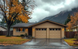 1970s North Bonneville home with attached two-car garage under approaching storm clouds in Columbia Gorge