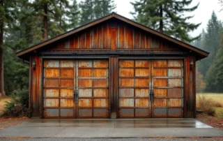 Weathered workshop garage with rusted sectional doors surrounded by evergreen trees in rural Molalla