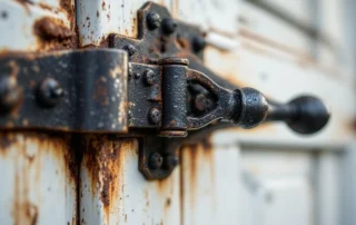 Rusted garage door hardware showing moisture damage from Oregon wine country winter fog and precipitation