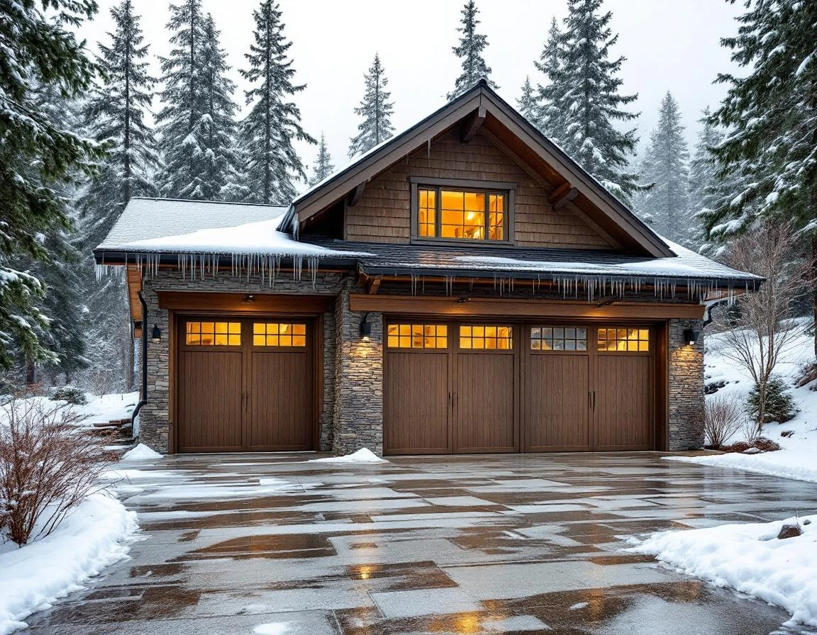 Modern insulated garage doors on mountain foothills home with winter snow accumulation and icicle formation