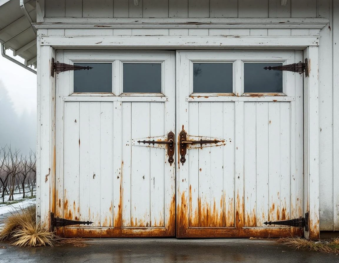 Weathered garage door showing wood rot and rust on Oregon wine country home with valley fog