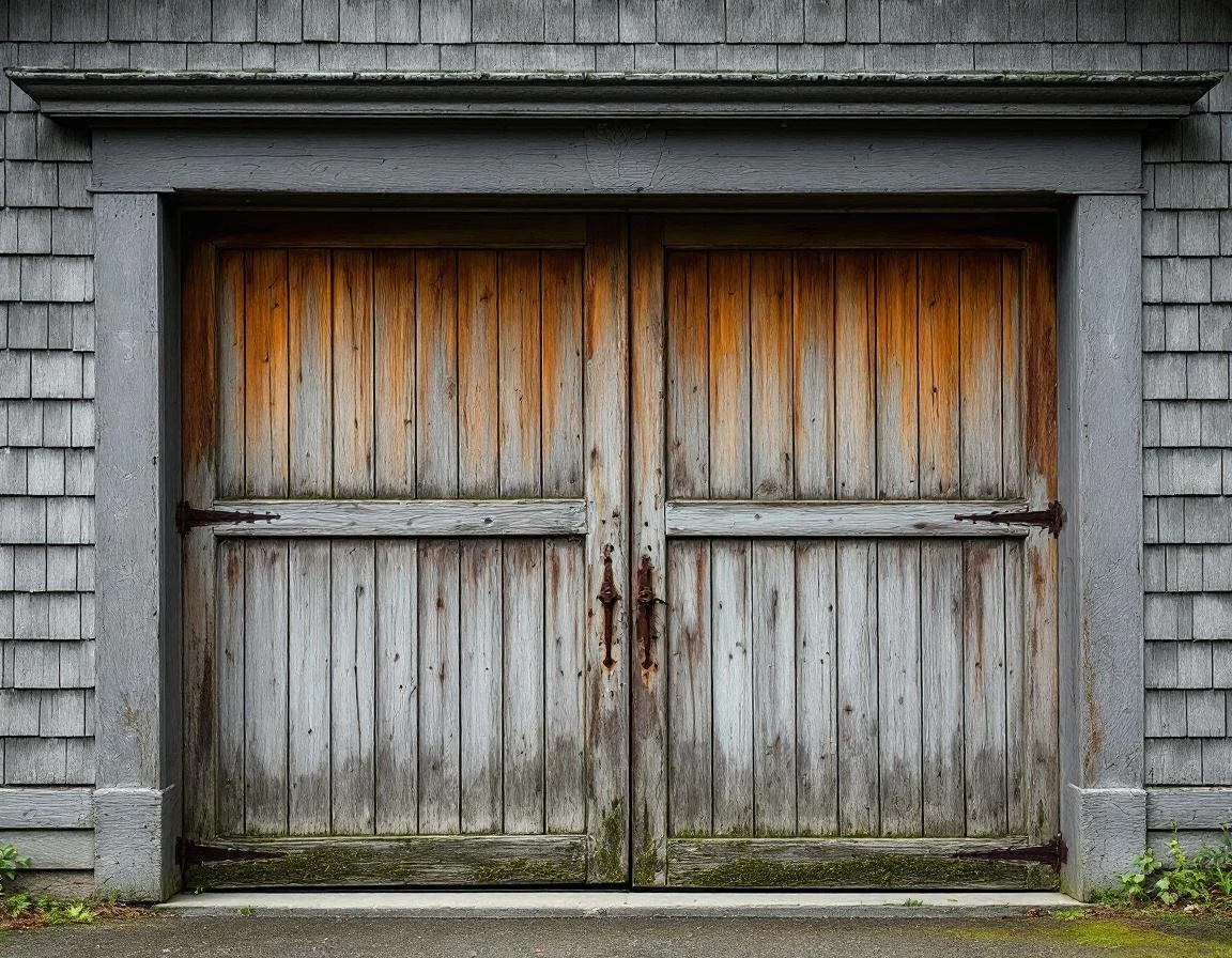 Weathered 1920s wooden garage door with moss growth and moisture damage in Bingen's damp Columbia Gorge climate