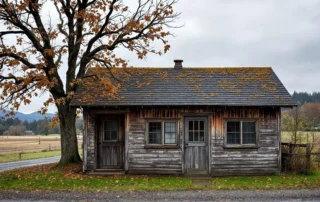 Weathered workshop building with wood siding under overcast sky in foothills region