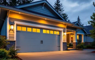 Modern garage with smart security camera and motion-sensor lighting at dusk in Portland neighborhood