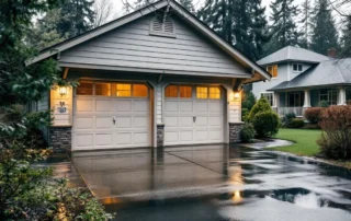 Residential garage with water pooling on driveway after spring rain in West Kelso, Washington