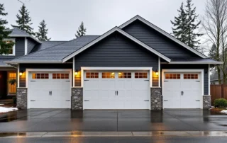 Modern three-car garage home in Hillsboro with wet driveway on overcast winter day