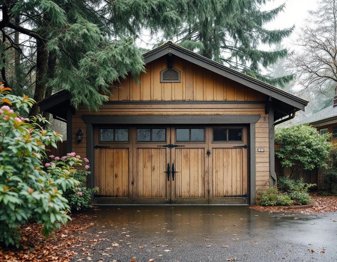 Historic Craftsman garage with weathered wood siding in Forest Grove's Old Town during wet winter season