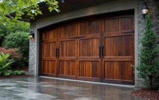 Custom carriage-style wood garage door showing weathering effects from Pacific Northwest moisture exposure