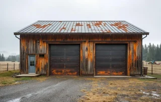 Heavy-duty commercial garage door system on rural Molalla workshop with reinforced tracks and industrial hardware