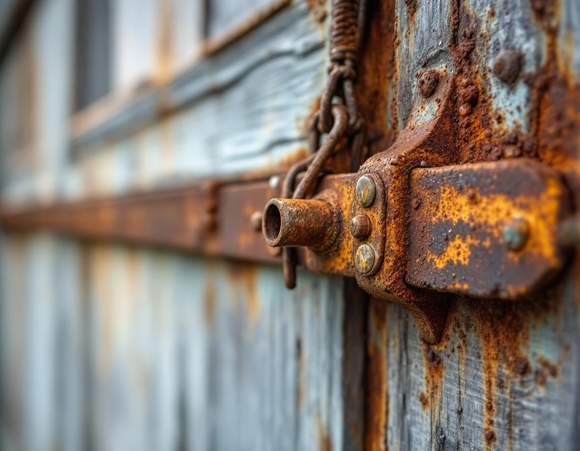 Corroded garage door springs and track hardware showing advanced rust damage on vintage Longview garage structure