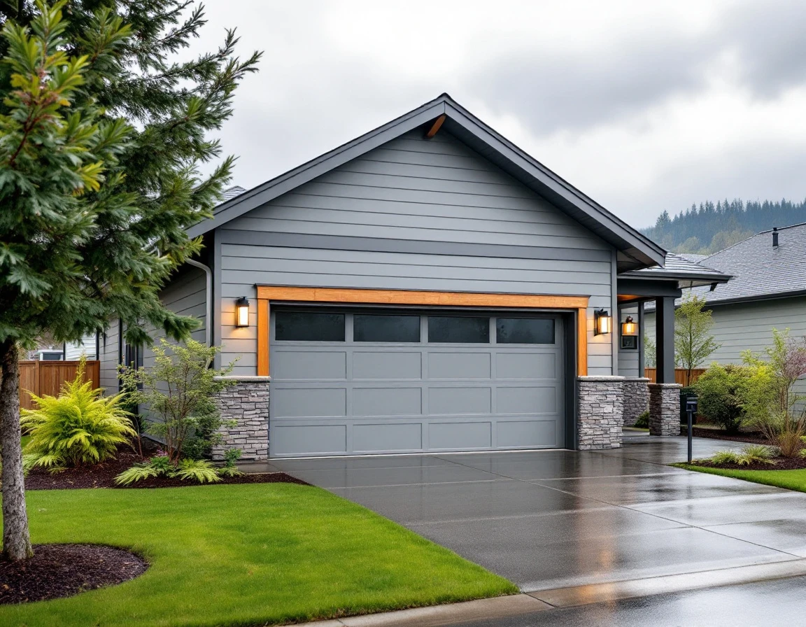 Modern two-car garage with insulated panel doors on Battle Ground home built in 2010s under spring overcast sky