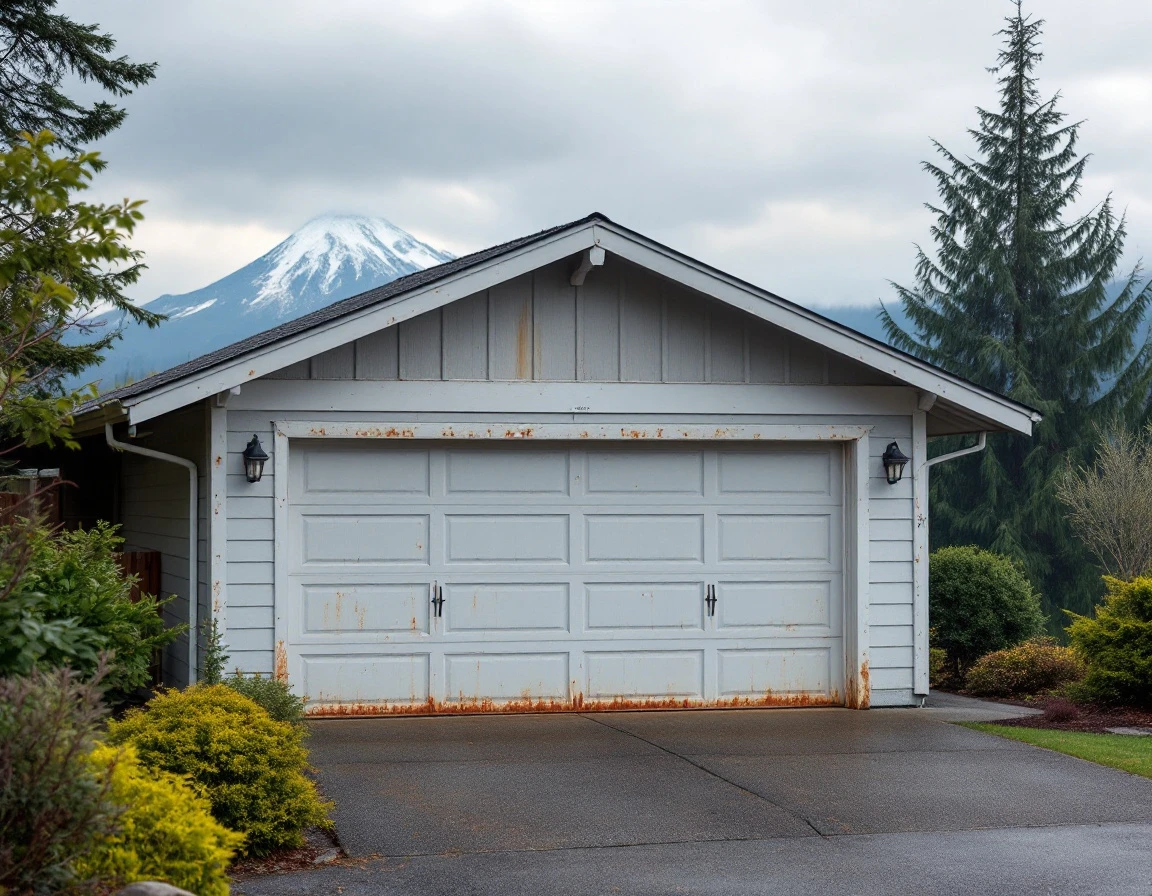 Weathered garage door on Columbia Gorge home showing wind exposure and seasonal wear before spring maintenance
