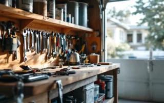 Organized garage workbench with maintenance tools and unlabeled storage containers ready for summer preparation