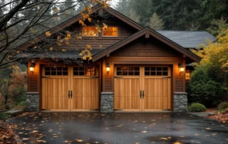 Wood garage door on Columbia Gorge home with autumn leaves and mountain forest backdrop during overcast weather