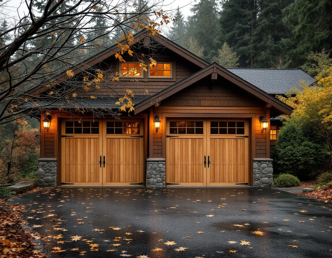 Wood garage door on Columbia Gorge home with autumn leaves and mountain forest backdrop during overcast weather