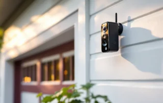 Security camera installed on craftsman home exterior near garage door with native landscaping