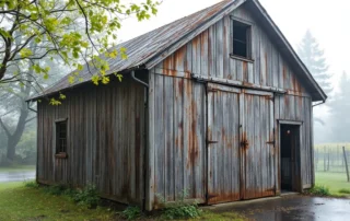 Early 1900s detached garage with weathered wood siding showing moisture damage in Oregon wine country fog