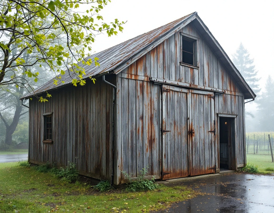 Early 1900s detached garage with weathered wood siding showing moisture damage in Oregon wine country fog