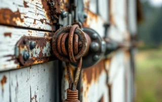 Rusted garage door spring mechanism on weathered barn showing natural wear and oxidation patterns