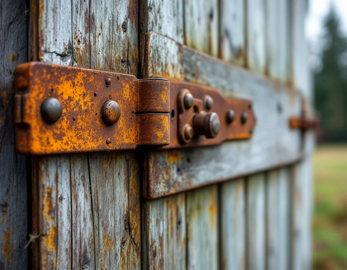Rusted barn door hinges and hardware showing moisture damage from Tualatin Valley fog exposure