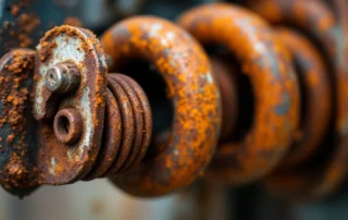 Heavy-duty garage door torsion spring showing rust and weather damage from rural Washington climate exposure