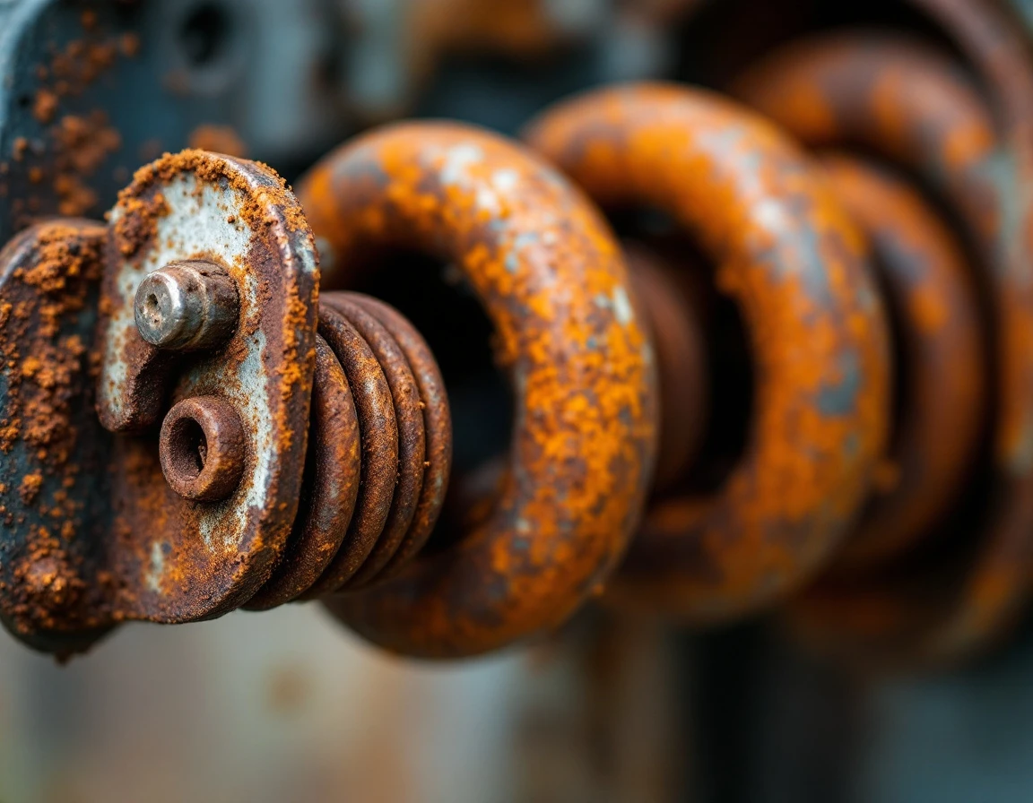 Heavy-duty garage door torsion spring showing rust and weather damage from rural Washington climate exposure