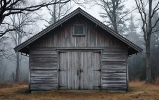 Weathered workshop garage on rural property with winter forest background showing moisture exposure effects
