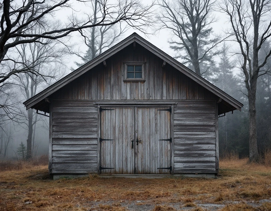Weathered workshop garage on rural property with winter forest background showing moisture exposure effects