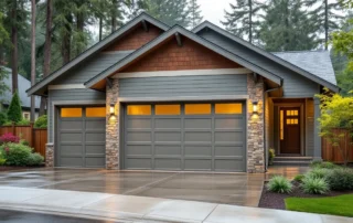 Modern two-car garage on newer Ridgefield home with wet driveway and Pacific Northwest landscaping