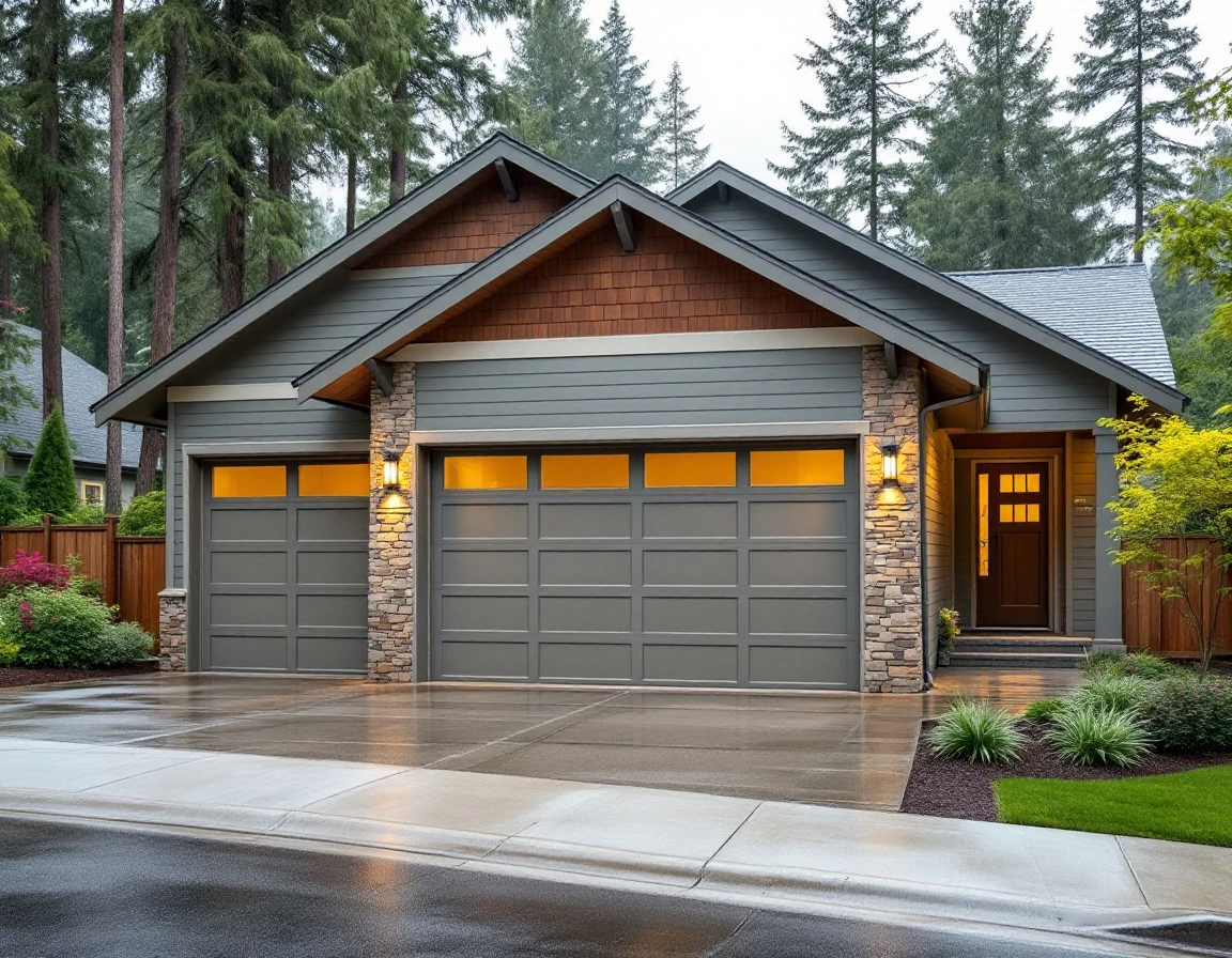 Modern two-car garage on newer Ridgefield home with wet driveway and Pacific Northwest landscaping