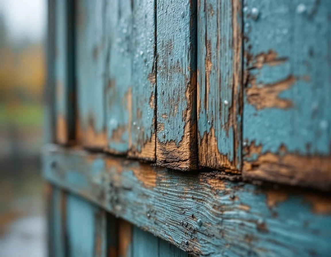 Moisture-damaged wooden garage door planks with swelling and water stains in Lafayette wine country climate
