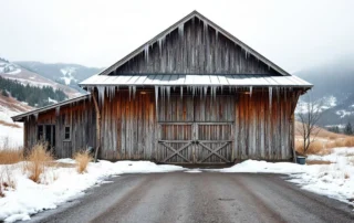 Weathered wooden workshop barn in Washington foothills with snow-covered roof and rural mountain backdrop