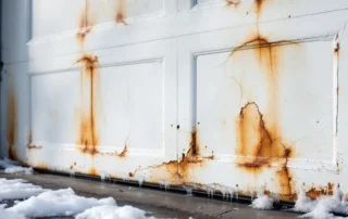 Garage door showing freeze-thaw damage with cracks, rust streaks, dents, and weathered seals from Central Oregon winter