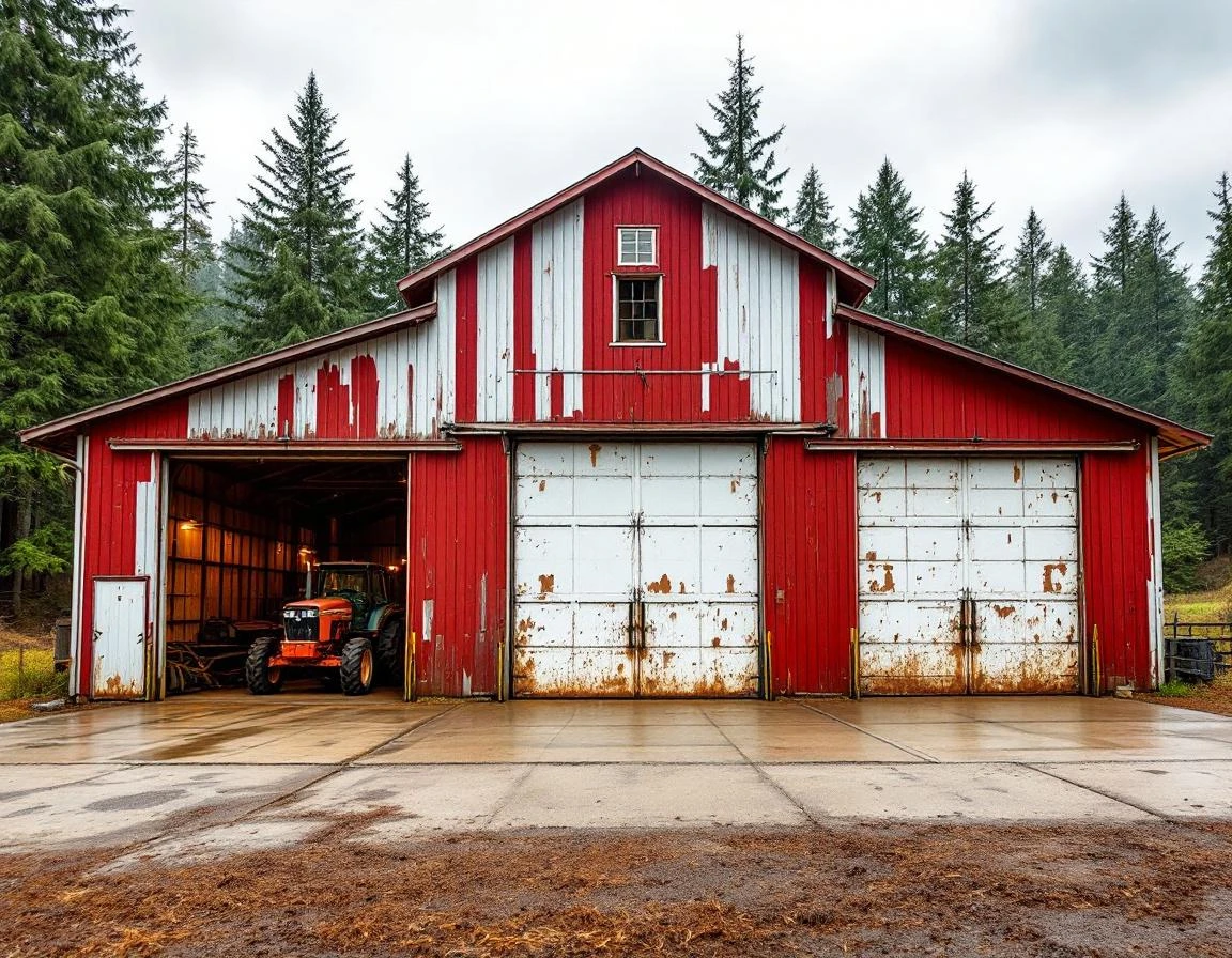 Weathered barn workshop with open garage doors showing farm equipment storage in rural Molalla setting