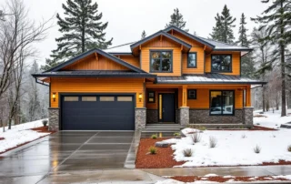 Craftsman home in Estacada with weatherstripping and snow-melt drainage on wet driveway during spring runoff season