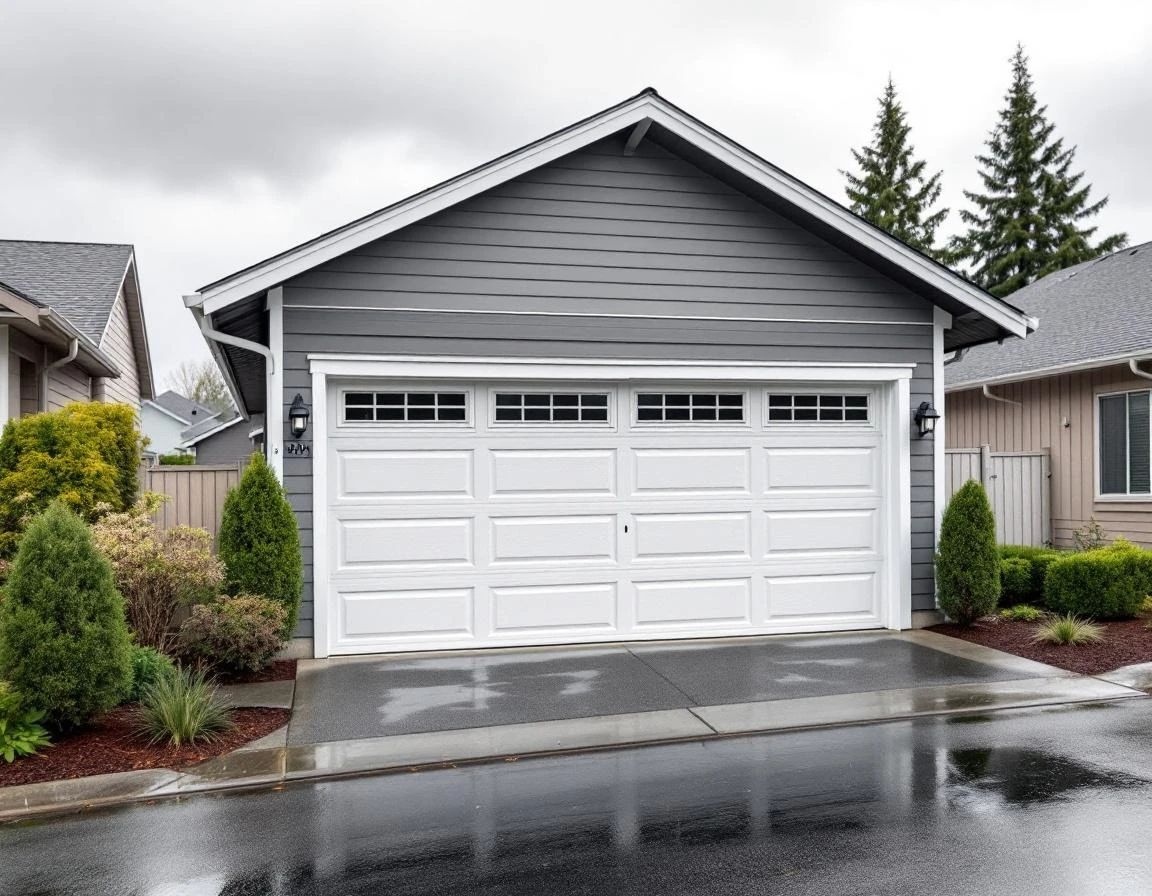 Modern garage door on Vancouver home showing spring moisture exposure from recent Pacific Northwest rainfall