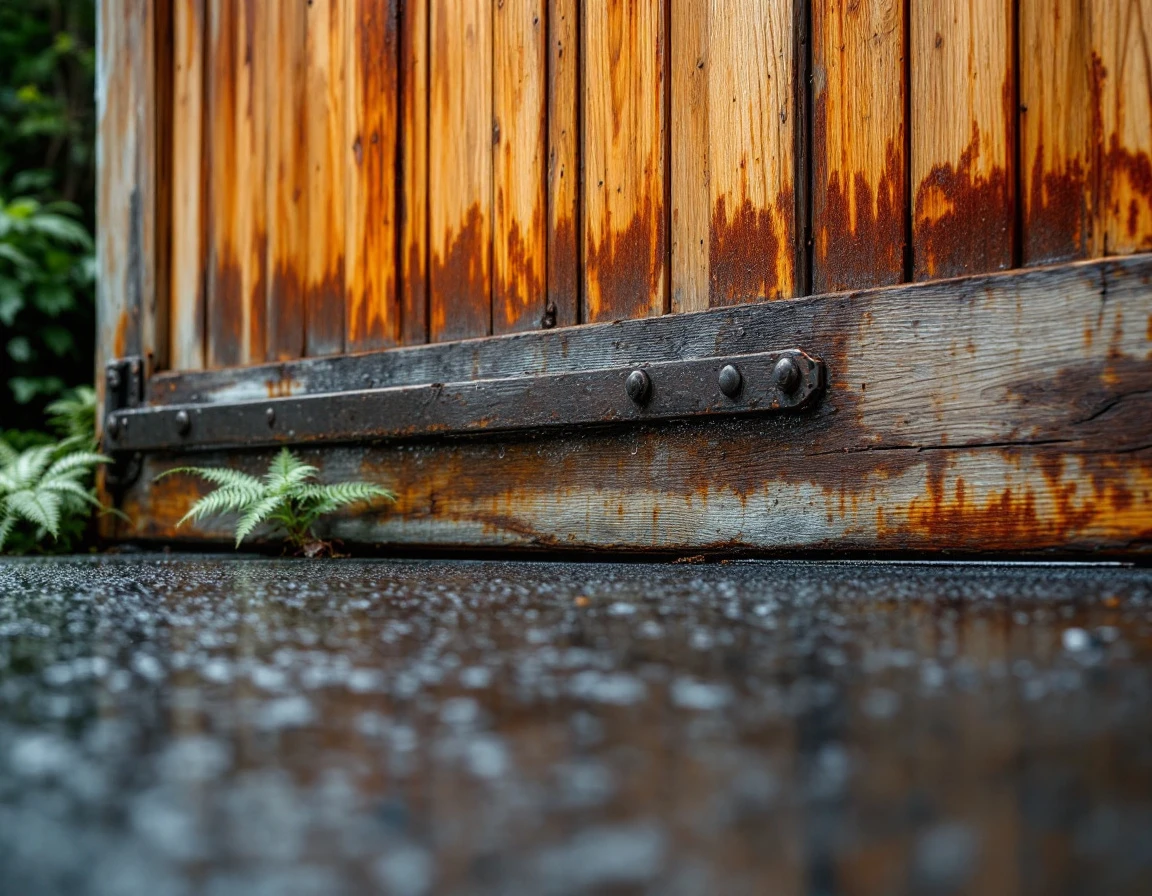 Wooden garage door panels with rust streaks and moisture damage typical of Kalama riverside properties