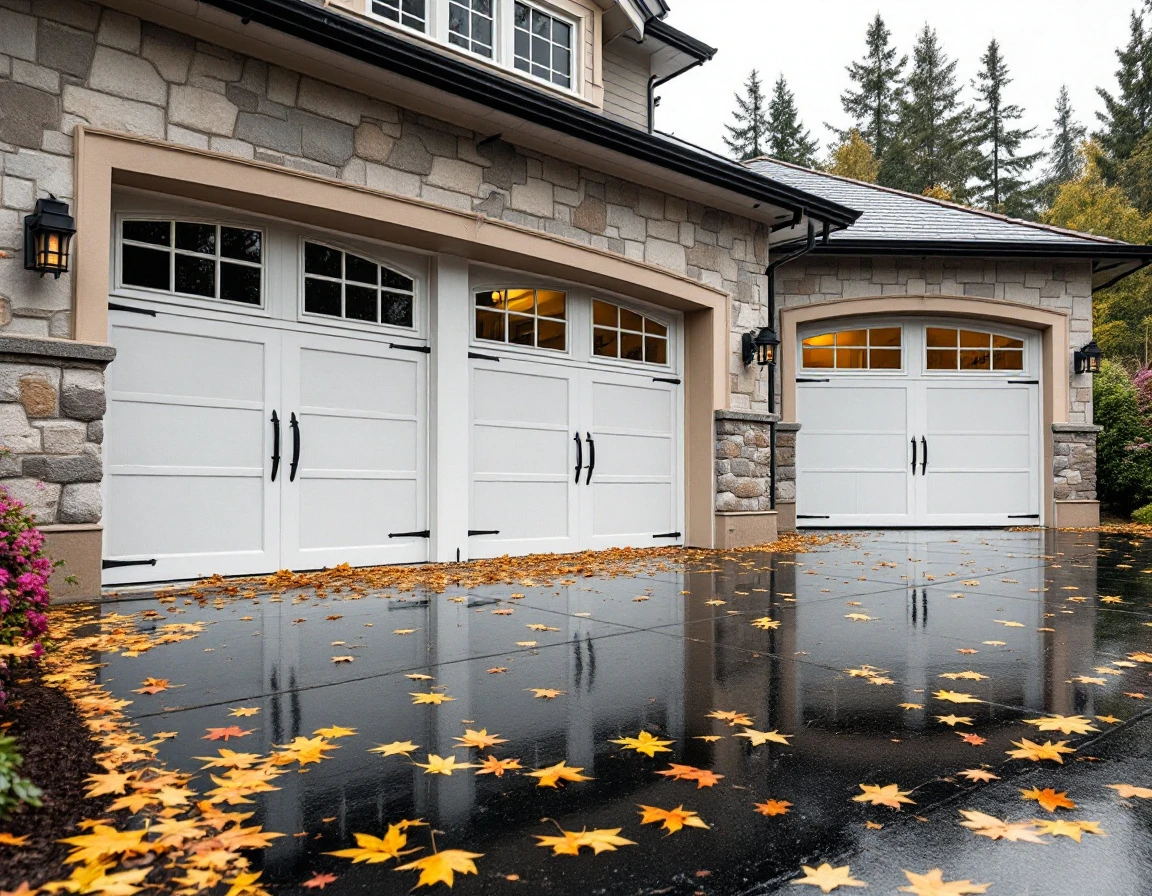 European-style garage door showing weatherstripping deterioration with visible gaps and moisture damage